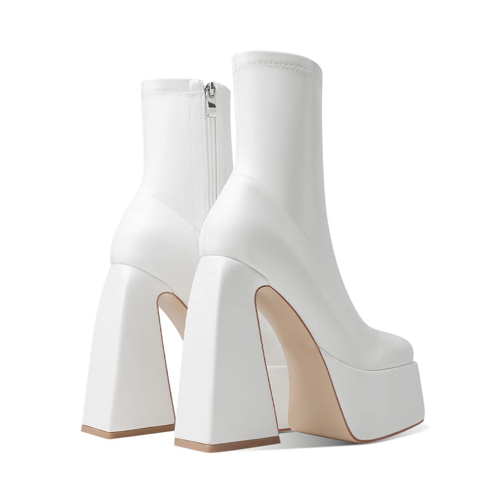 Uacllcau White Platform Boots for Women Ankle Booties Square Toe Chunky High Heel Boots Side Zipper Mid Calf Boots