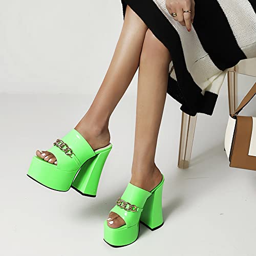 Makmeoyw Platform Heels Slippers Slip On Show Slingback Chunky Heels Sparkly Sandals Square Toe Mules Open Toe High Heels Slide-on Sandals Green Size 40