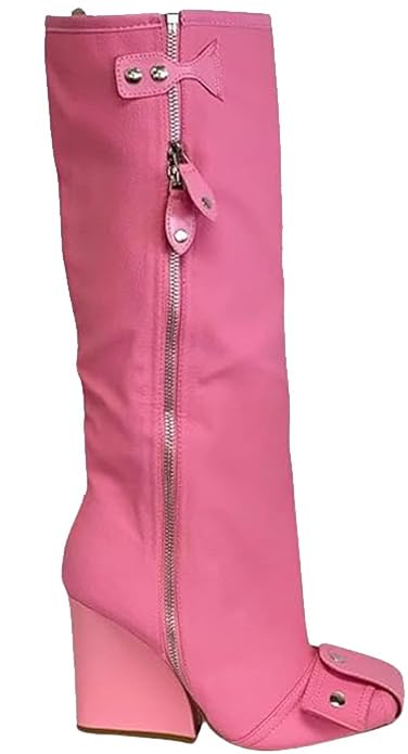 Lemonade Women's Buckle Detail Square Toe Wedge Heel Knee High Long Boot﻿ Senna Pink 7.5n