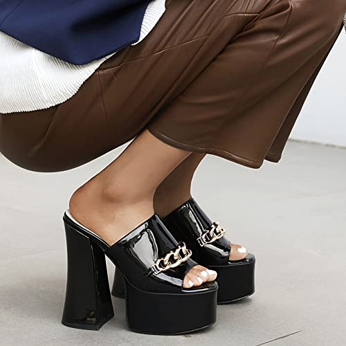 Makmeoyw Platform Heels Slippers Slip On Show Slingback Chunky Heels Sparkly Sandals Square Toe Mules Open Toe High Heels Slide-on Sandals Black