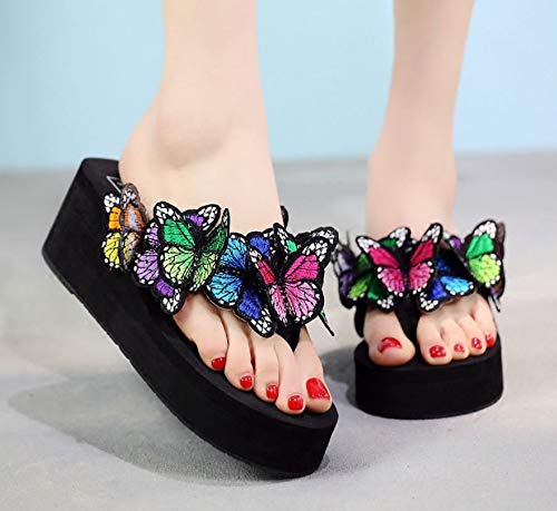 TOKYO-T Wedge Thong Sandals for Women Soft Cute Butterfly Flip Flop Platform Shoes 2.3 Heel (Black,9)