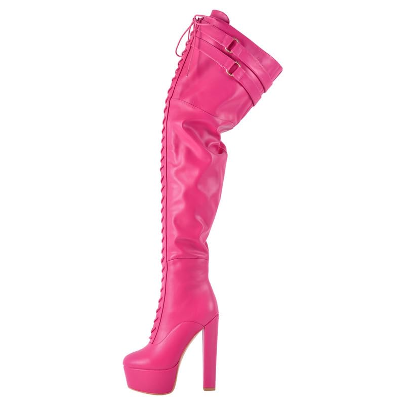 Richealnana Women's Over The Knee High Platform Thigh High Boots for Women Strap Lace-Up Chunky Heeled Buckle Strap Pink Size 8