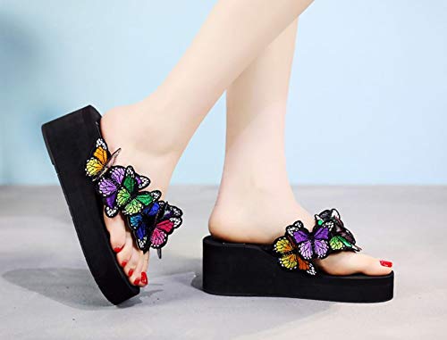 TOKYO-T Wedge Thong Sandals for Women Soft Cute Butterfly Flip Flop Platform Shoes 2.3 Heel (Black,9)