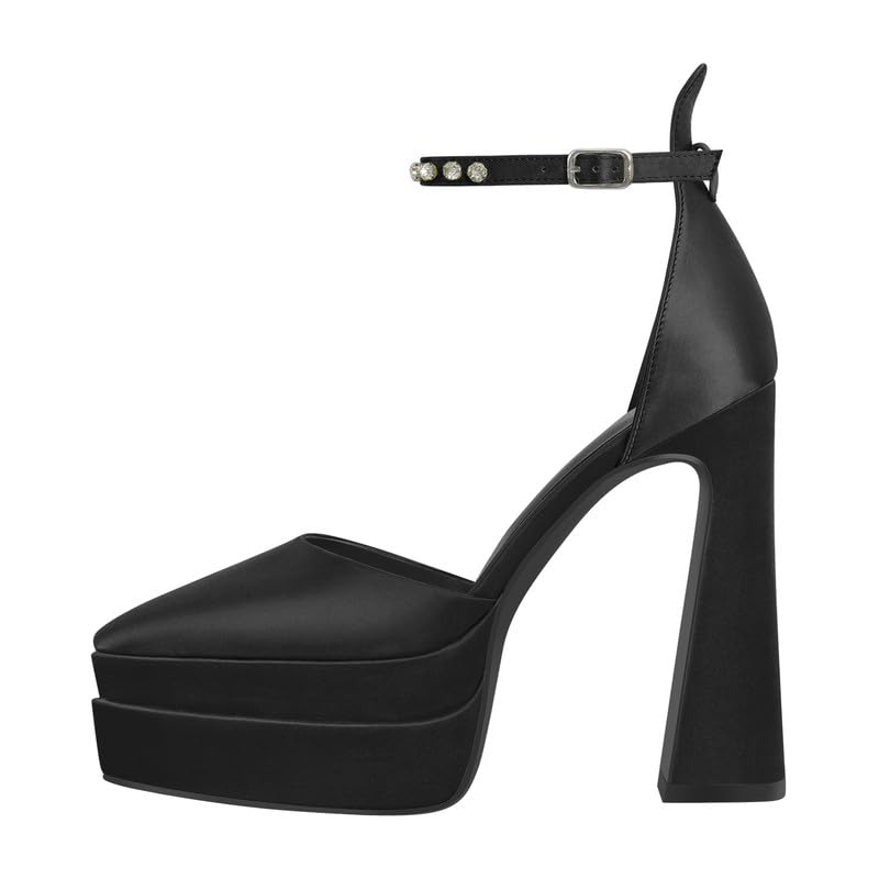 onlymakerheels Women’s Double High Chunky Platform Pointed Closed Toe Chunky Heels Ankle Strap Rhinestone Pumps Shoes for Dress Wedding Party Black