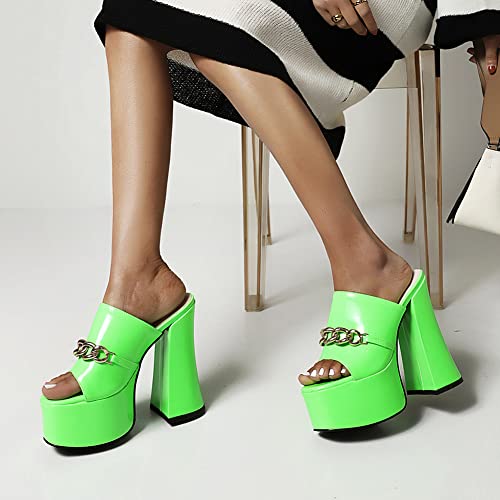 Makmeoyw Platform Heels Slippers Slip On Show Slingback Chunky Heels Sparkly Sandals Square Toe Mules Open Toe High Heels Slide-on Sandals Green Size 40