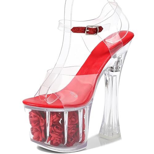 F&A LOVING Women Clear Flower Platform Sexy Sandals 6.9 Inch Block Heel Pole Dance Shoes