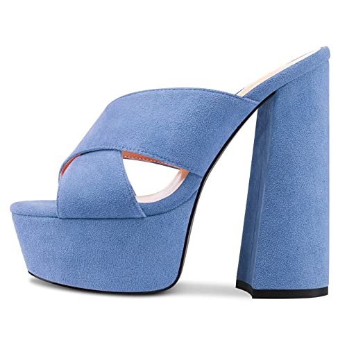 Castamere Women High Chunky Block Platform Heel Peep Open Toe Slip-on Sandals Casual Dress 5.9 Inches Heels Denim Blue