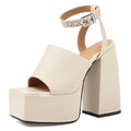 Lizoleor Ladies Fashion Peep Toe Chunky Heel Sandals Ankle Strap Summer Platform Party Shoes High Heels Gothic Dress Beige Size 9 US/41