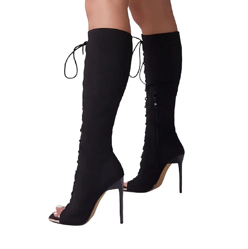 LEMONADE Lace up Stiletto Heel Knee High Boots For Women Black
