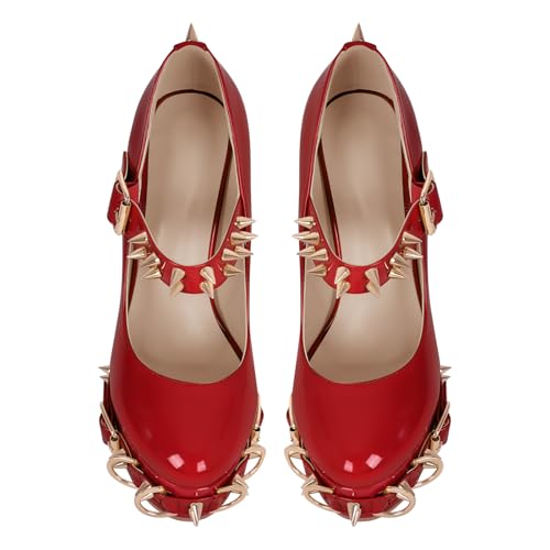onlymakerheels Mary Jane Rivet Platform Chunky Heel Back Strap Pumps Red Size14