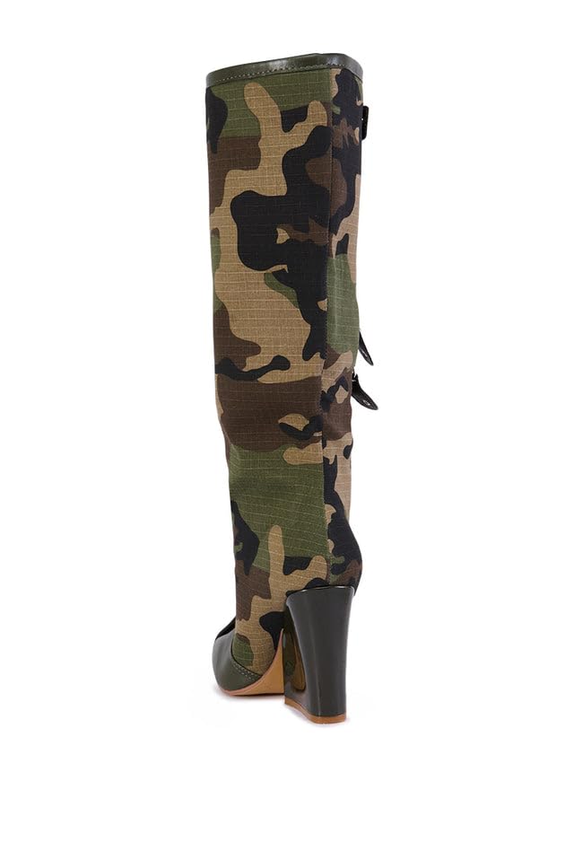 LEMONADE Women's Buckle Detail Square Toe Wedge Heel Knee High Long Boot﻿ Senna Camo
