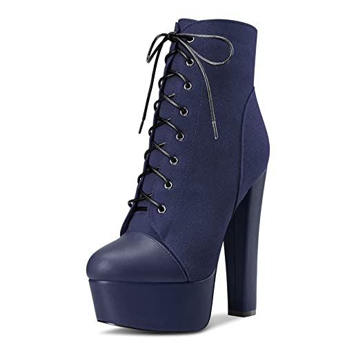 NobleOnly Women Chunky Block Platform High Heel Round Toe Lace-up Zipper Ankle Boots Short Bootie Classic Shoes Navy Blue