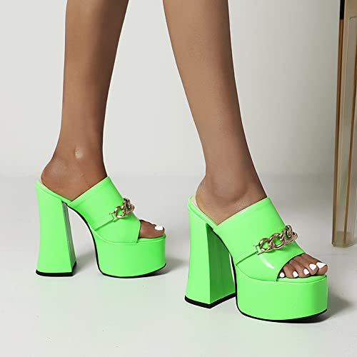 Makmeoyw Platform Heels Slippers Slip On Show Slingback Chunky Heels Sparkly Sandals Square Toe Mules Open Toe High Heels Slide-on Sandals Green Size 40
