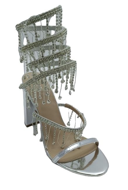 Wild Diva Women's Morris-605 Chandelier Embellished Rhinestone Spiral Coil Wrap Around Chunky Block Heels (Silver PU, US Footwear Size System, Adult, Women, Numeric, Medium