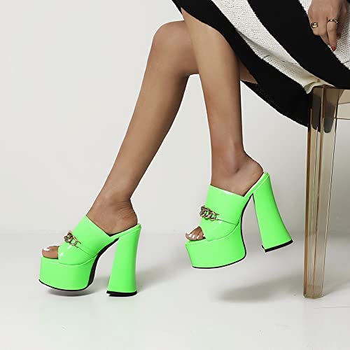 Makmeoyw Platform Heels Slippers Slip On Show Slingback Chunky Heels Sparkly Sandals Square Toe Mules Open Toe High Heels Slide-on Sandals Green Size 40