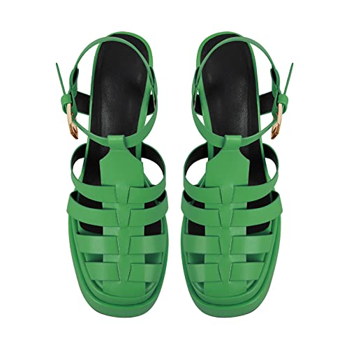 richealnini Double Platform Sandals with Buckles Square Open Toe Block Chunky Heels T-strap Adjustable Buckle Up Roman Fisherman Strappy Heels Ankle Strap Gladiator Pumps Outside Wedding Green Size 6