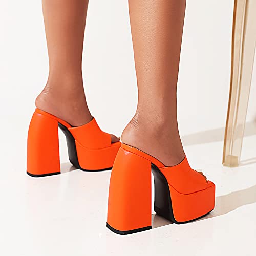 Makmeoyw Platform Heels Slippers Slip On Show Slingback Chunky Heels Sparkly Sandals Square Toe Mules Open Toe High Heels Slide-on Sandals Orange