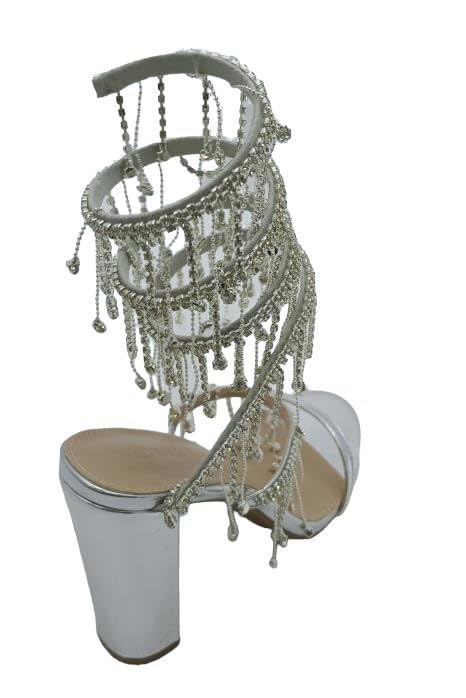 Wild Diva Women's Morris-605 Chandelier Embellished Rhinestone Spiral Coil Wrap Around Chunky Block Heels (Silver PU, US Footwear Size System, Adult, Women, Numeric, Medium, 10)