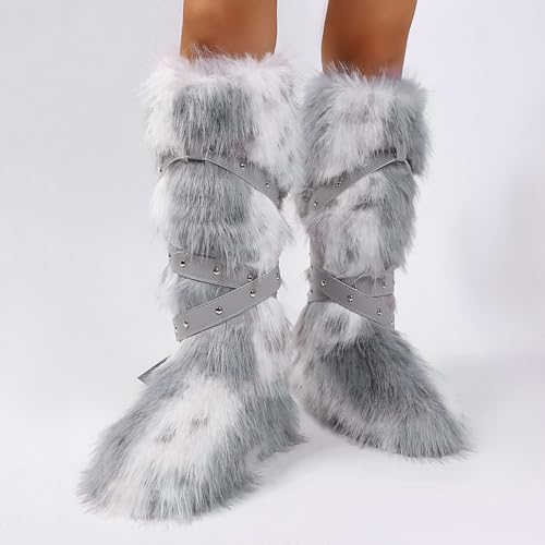 TVNGDLI Women Knee High Furry Faux Fur Boots Fuzzy Fluffy Round Toe Anti Slip Ankle Strap Rivet Flat Shoes Outdoor Christmas Fashion Party Gifts Boots