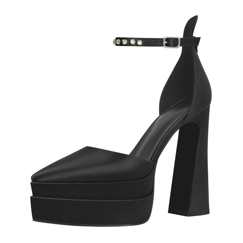 onlymakerheels Women’s Double High Chunky Platform Pointed Closed Toe Chunky Heels Ankle Strap Rhinestone Pumps Shoes for Dress Wedding Party Black