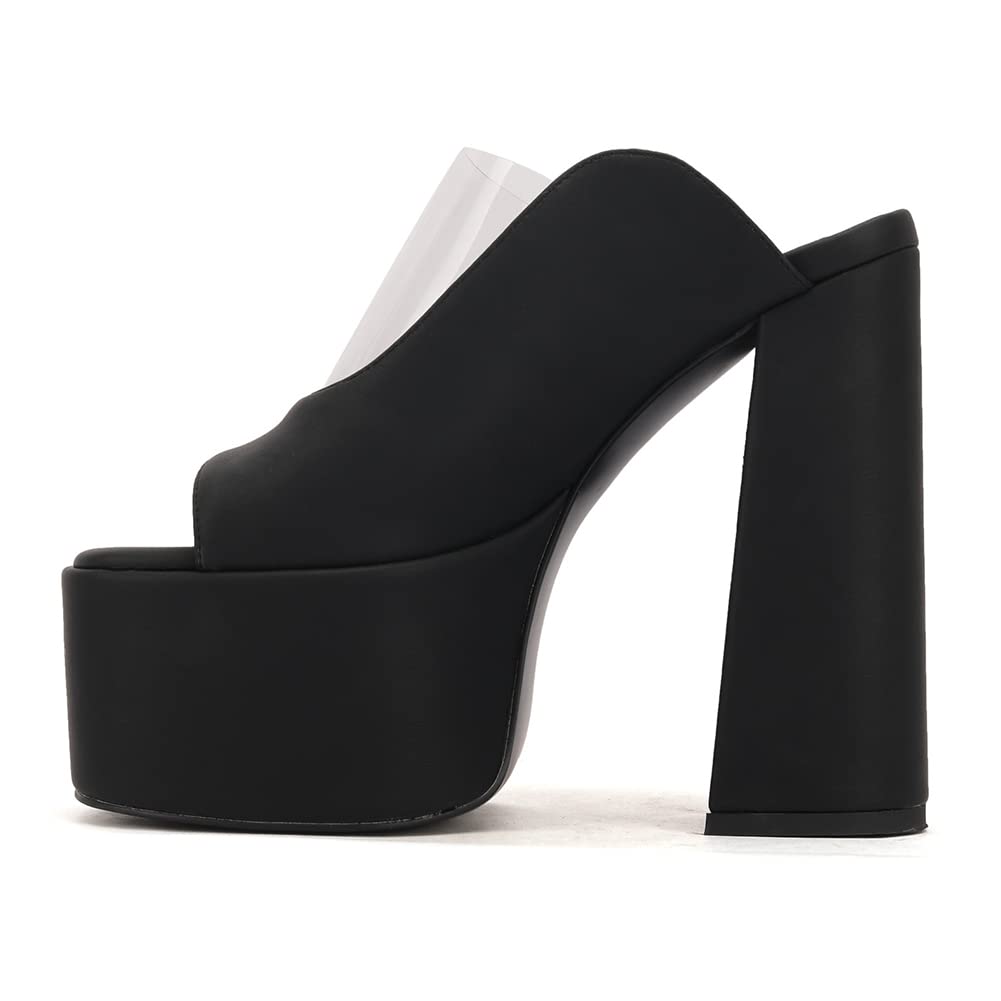 Makmeoyw Platform Heels Slippers Slip On Show Slingback Chunky Heels Sparkly Sandals Square Toe Mules Open Toe High Heels Slide-on Sandals Black