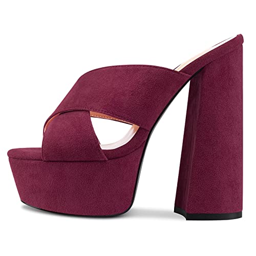 Castamere Women High Chunky Block Platform Heel Peep Open Toe Slip-on Sandals Casual Dress 5.9 Inches Heels Burgundy Red