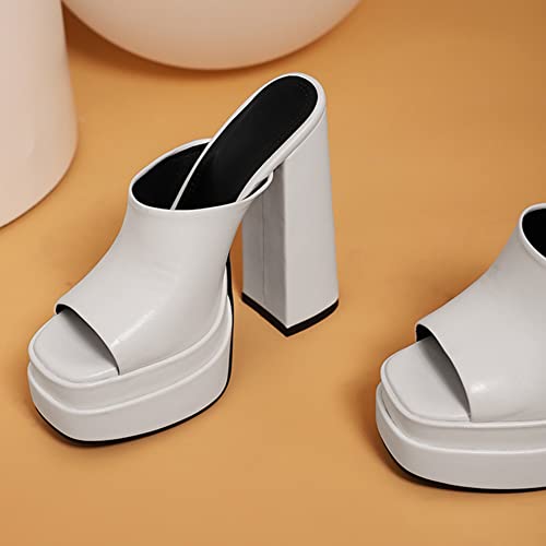 Makmeoyw Platform Heels Slippers Slip On Show Slingback Chunky Heels Sparkly Sandals Square Toe Mules Open Toe High Heels Slide-on Sandals White
