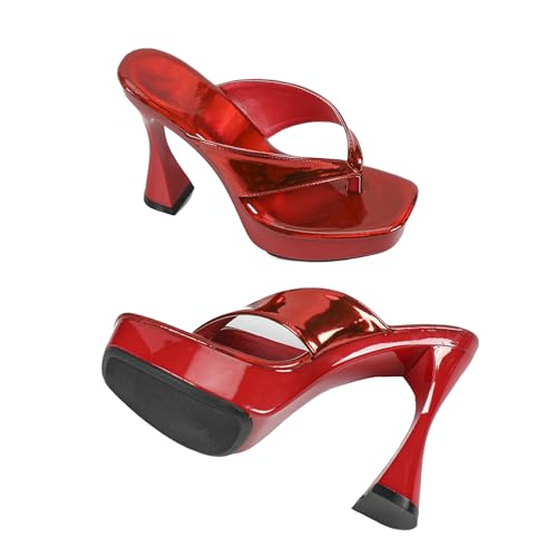 TZNBGGE Women's Laser Glossy Platform High Heel 4.72in Flip Flops Square Toe Non-slip Mule Stilettos Slides Sandals for Nightclub Party Dating red