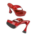 TZNBGGE Women's Laser Glossy Platform High Heel 4.72in Flip Flops Square Toe Non-slip Mule Stilettos Slides Sandals for Nightclub Party Dating red
