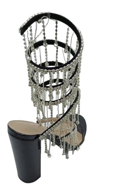 Wild Diva Women's Morris-605 Chandelier Embellished Rhinestone Spiral Coil Wrap Around Chunky Block Heels (Black PT, US Footwear Size System, Adult, Women, Numeric, Medium, 10)