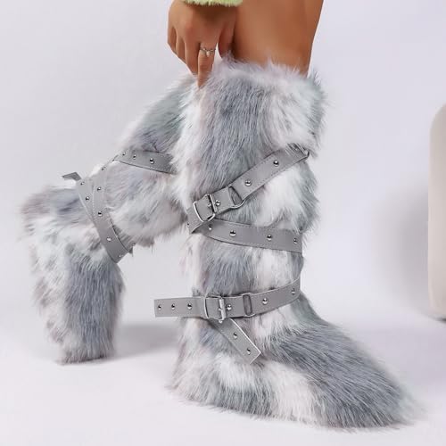TVNGDLI Women Knee High Furry Faux Fur Boots Fuzzy Fluffy Round Toe Anti Slip Ankle Strap Rivet Flat Shoes Outdoor Christmas Fashion Party Gifts Boots