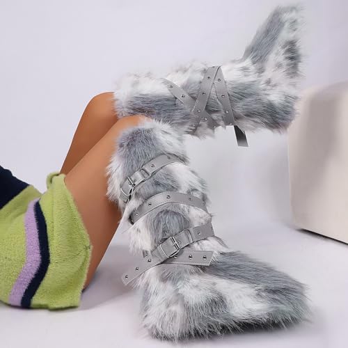 TVNGDLI Women Knee High Furry Faux Fur Boots Fuzzy Fluffy Round Toe Anti Slip Ankle Strap Rivet Flat Shoes Outdoor Christmas Fashion Party Gifts Boots