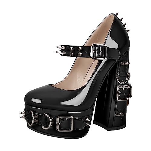 onlymakerheels Mary Jane Rivet Platform Chunky Heel Back Strap Pumps Black Size12