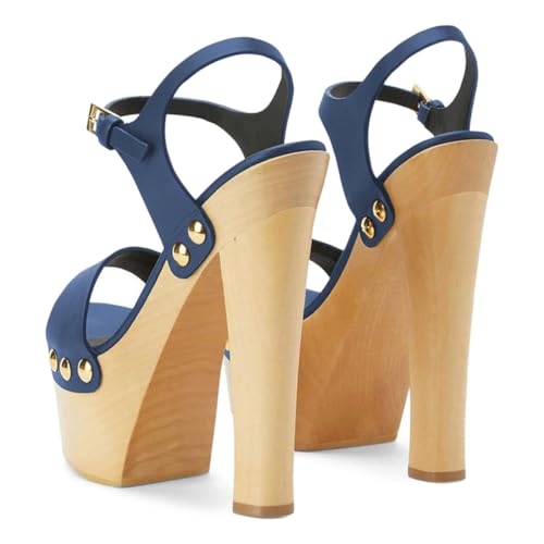YDN Women's Platform Heeled Sandals Open Round Toe Chunky High Heels Backless Ankle Strap Sexy Casual Shoes for Spring Summer Party Navy Blue