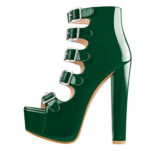 onlymakerheels Womens Heeled Sandals Peep Open Toe Ankle Boots Wrap Buckle Strap High Chunky Heels Zipper Sandals Green Size13