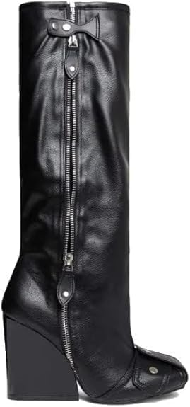 Lemonade Women's Buckle Detail Square Toe Wedge Heel Knee High Long Boot﻿ Senna Black 7.5n