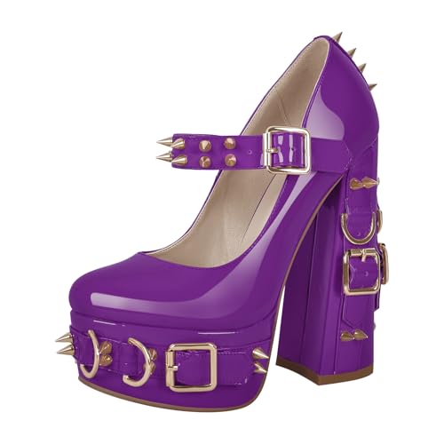 onlymakerheels Mary Jane Rivet Platform Chunky Heel Back Strap Pumps Purple Size13