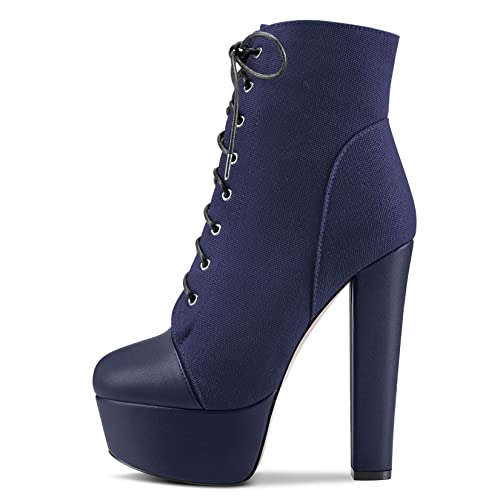 NobleOnly Women Chunky Block Platform High Heel Round Toe Lace-up Zipper Ankle Boots Short Bootie Classic Shoes Navy Blue
