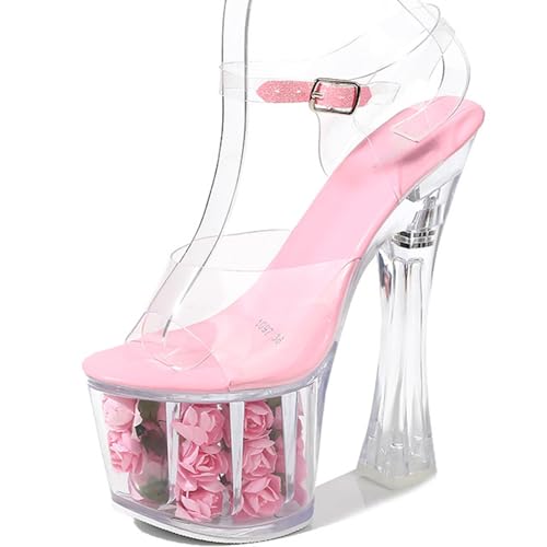 F&A LOVING Women Clear Flower Platform Sexy Sandals 6.9 Inch Block Heel Pole Dance Shoes