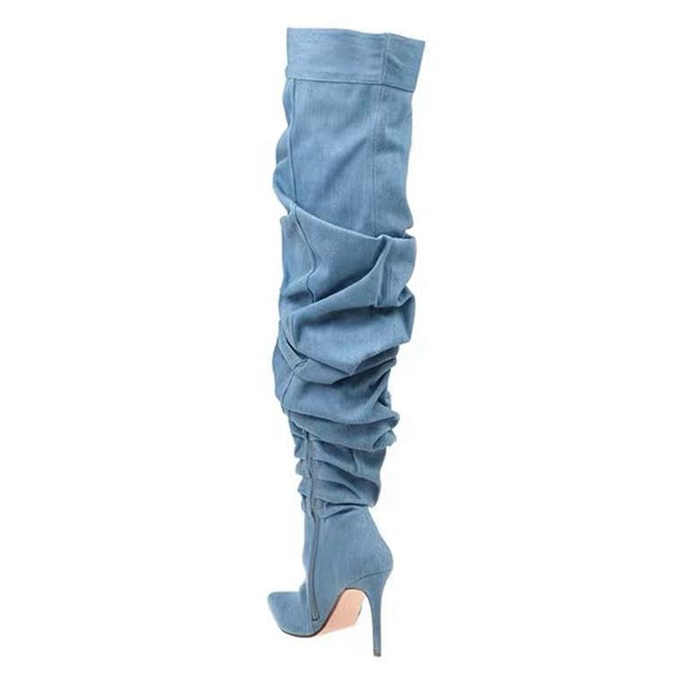 Tracieshoes Women’s Over-the-Knee Slouchy Denim Boots with 4.3" Stiletto Heel–Sexy Pointed Toe Thigh High Fashion Booties for Date and Evening Wear Blue Size 8