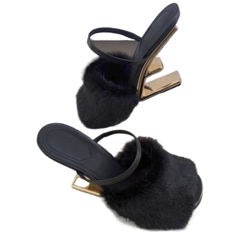 Azttoztto Women's Furry Slide Sandals High Heel Round Toe Designer Slippers Unique Geometric Heel Dressy Evening Shoes (black,4.5)