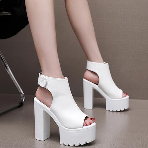 FIFILAPIN Women'S Peep Toe Super High Heel Platform Sandals With Hook And Loop Fashion Round Toe Chunky Platform Slingback Non-Slip Party Dress Shoes For Party, Evening Party, Date (white,8.5)