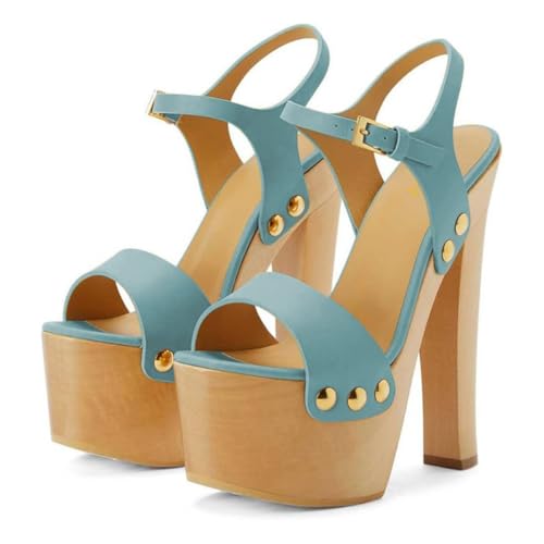 YDN Women's Platform Heeled Sandals Open Round Toe Chunky High Heels Backless Ankle Strap Sexy Casual Shoes for Spring Summer Party Size 7 Turquoise