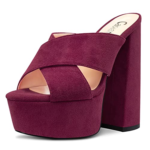 Castamere Women High Chunky Block Platform Heel Peep Open Toe Slip-on Sandals Casual Dress 5.9 Inches Heels Burgundy Red