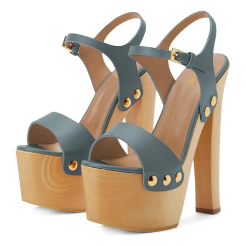 YDN Women's Platform Heeled Sandals Open Round Toe Chunky High Heels Backless Ankle Strap Sexy Casual Shoes for Spring Summer Party Steel Blue