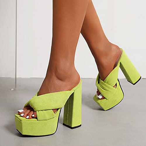 CoceMoce Gorgeous Thick Chunky High Heel Platform Pumps Green for Women Square Open Toe Cross-Band Backless Slip-On Summer Dress Shoes Ballroom Dancing Club Evening Party Size 10 US