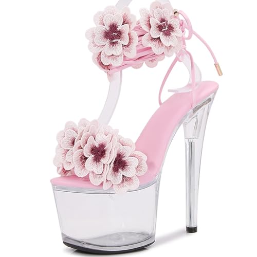 F&A LOVING Flowers Heels Lace Up Clear Platform High Heel 6.5in Stiletto Sandals