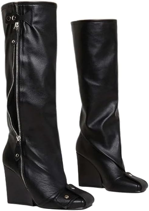 Lemonade Women's Buckle Detail Square Toe Wedge Heel Knee High Long Boot﻿ Senna Black 7.5n