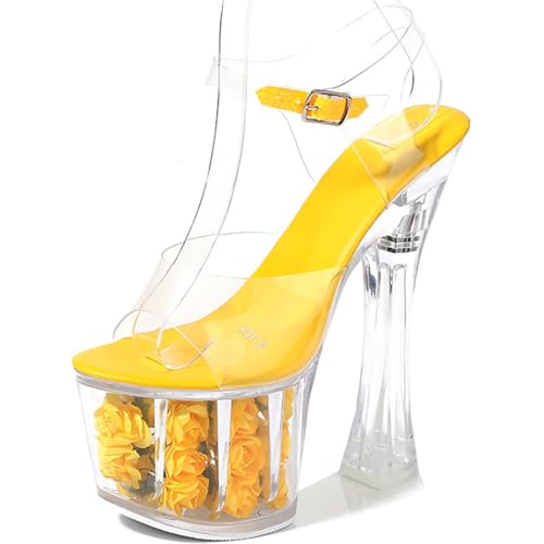 F&A LOVING Women Clear Flower Platform Sexy Sandals 6.9 Inch Block Heel Pole Dance Shoes