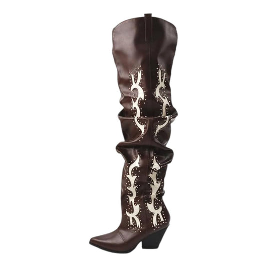 LEMONADE Women Over the Knee Thigh High Cowboy Boots, Chunky Block Heel Studded Slouch Cowgirl Western Boots Sending West Brown 9